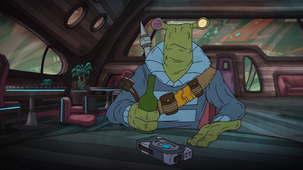 A screencap from Griftlands' Cinematic Early Access trailer, depicting the kra'deshi Smith sitting down at a bar table, beaten and bruised and cut up, dropping off some loot with a shrug and a bottle of booze in his other hand.